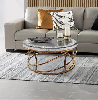 36" Silver and Gold Mirrored Glass Faux Crystal and Stainless Steel Round Frame Coffee Table
