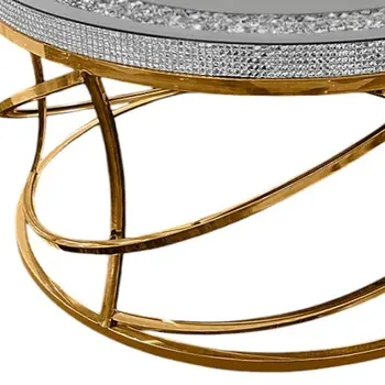 36" Silver and Gold Mirrored Glass Faux Crystal and Stainless Steel Round Frame Coffee Table