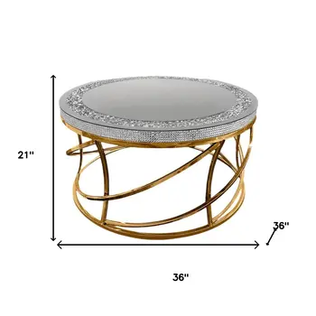 36" Silver and Gold Mirrored Glass Faux Crystal and Stainless Steel Round Frame Coffee Table