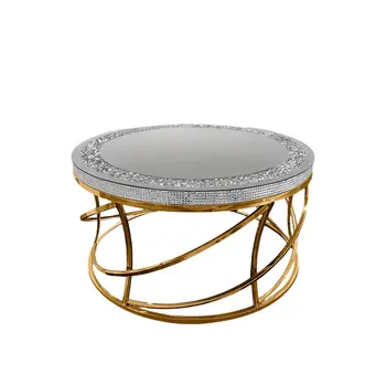36" Silver and Gold Mirrored Glass Faux Crystal and Stainless Steel Round Frame Coffee Table
