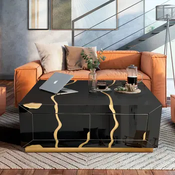 40" Black and Gold Wood Solid Base Coffee Table With Drawers