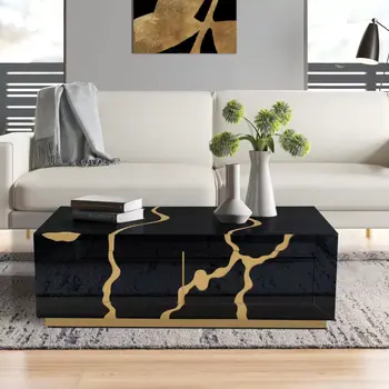 40" Black and Gold Wood Solid Base Coffee Table With Drawers