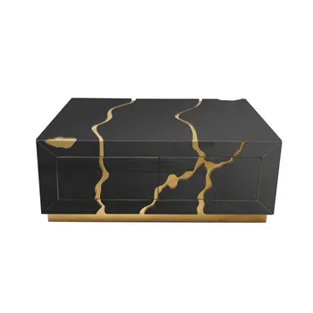 40" Black and Gold Wood Solid Base Coffee Table With Drawers