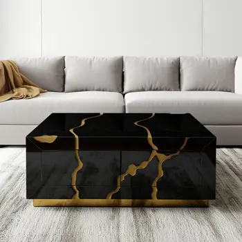 40" Black and Gold Wood Solid Base Coffee Table With Drawers