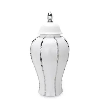 19" White And Silver Striped Urn Crystal Ginger Jar