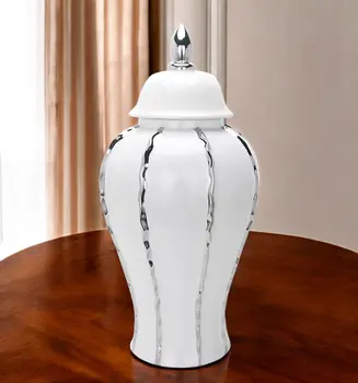 19" White And Silver Striped Urn Crystal Ginger Jar