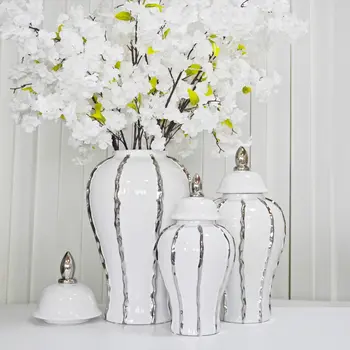 25" White And Silver Striped Urn Crystal Ginger Jar