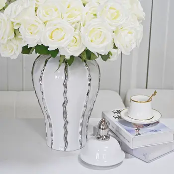 25" White And Silver Striped Urn Crystal Ginger Jar