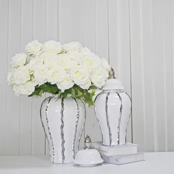 25" White And Silver Striped Urn Crystal Ginger Jar