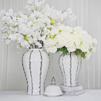 25" White And Silver Striped Urn Crystal Ginger Jar