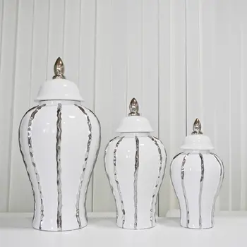 25" White And Silver Striped Urn Crystal Ginger Jar