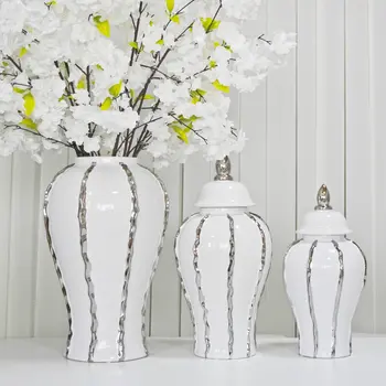 25" White And Silver Striped Urn Crystal Ginger Jar