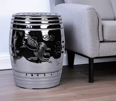 17" Silver Chrome Plated Ceramic Round Drum End Table
