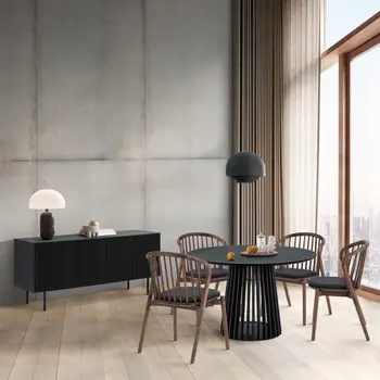 Six Piece Black Round Dining Set with Four Chairs and Sideboard