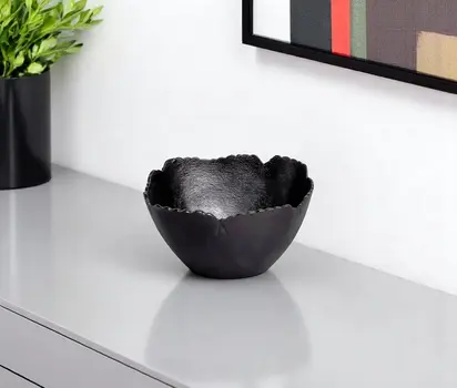 8" Black Aluminum Scalloped Edge Round Serving Bowl