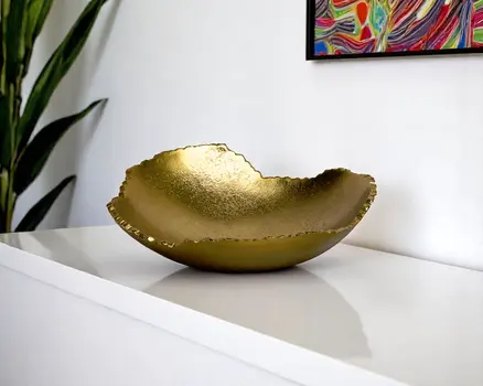 9" Gold Aluminum Torn Edge Organic Shaped Serving Bowl