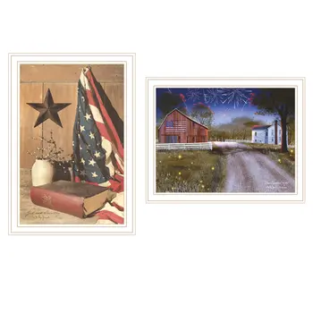 Set Of Two Star Spangled Night God And Country White Framed Wall Art