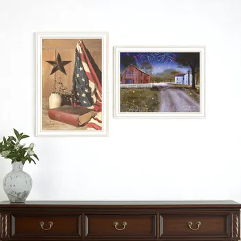 Set Of Two Star Spangled Night God And Country White Framed Wall Art