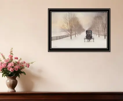 Snowy Amish Lane Black Framed Wall Art