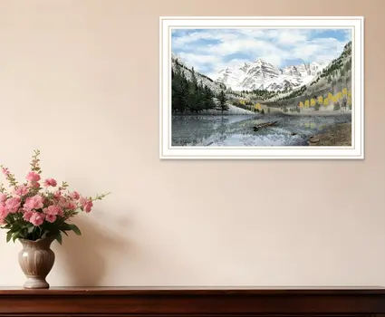 Snowy Mountain Landscape White Framed Wall Art