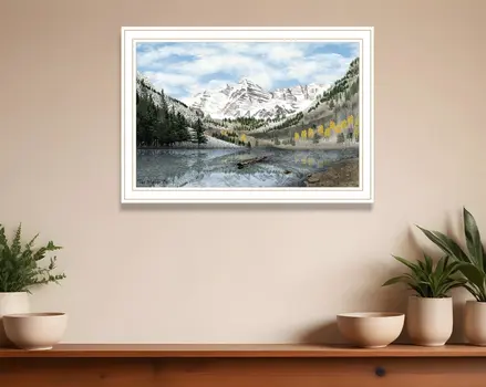 Snowy Mountain Landscape  White Framed Wall Art