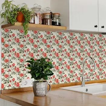 8" x 8" Red And Green Vinyl Arabesque Peel And Stick Removable Tiles