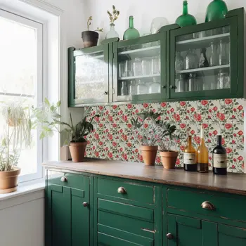 8" x 8" Red And Green Vinyl Arabesque Peel And Stick Removable Tiles