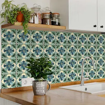 5" x 5" Blue And Green Vinyl Arabesque Peel And Stick Removable Tiles