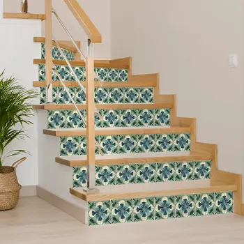 7" x 7" Blue And Green Vinyl Arabesque Peel And Stick Removable Tiles