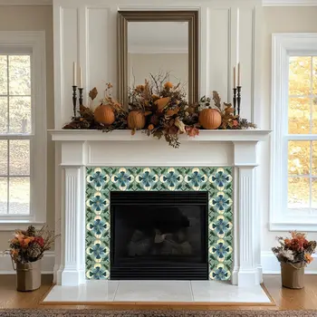 8" x 8" Blue And Green Vinyl Arabesque Peel And Stick Removable Tiles