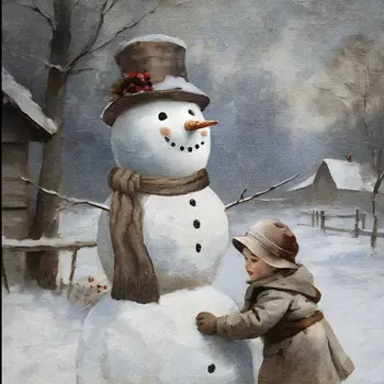 Boy Building A Snowman Black Framed Wall Art