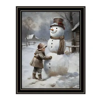 Boy Building A Snowman Black Framed Wall Art