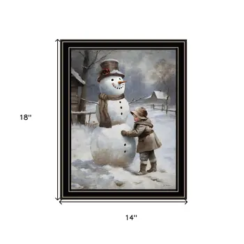 Boy Building A Snowman Black Framed Wall Art