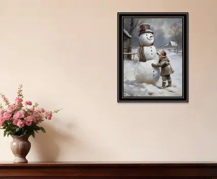 Boy Building A Snowman Black Framed Wall Art
