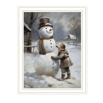 Boy Building A Snowman White Framed Wall Art