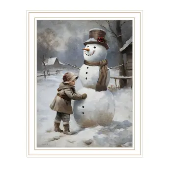 Boy Building A Snowman White Framed Wall Art