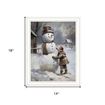 Boy Building A Snowman White Framed Wall Art