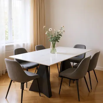 79" White and Black Faux Marble and Steel Double Pedestal Base Dining Table