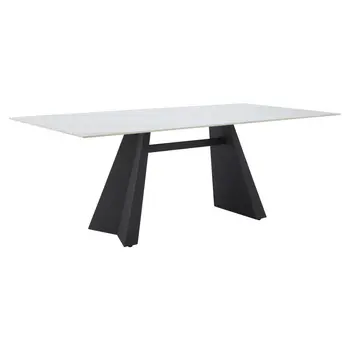 79" White and Black Faux Marble and Steel Double Pedestal Base Dining Table