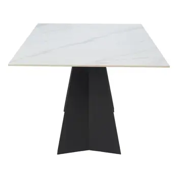 79" White and Black Faux Marble and Steel Double Pedestal Base Dining Table