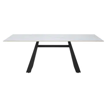 79" White and Black Faux Marble and Steel Double Pedestal Base Dining Table