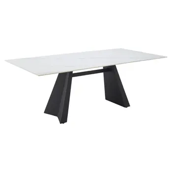 79" White and Black Faux Marble and Steel Double Pedestal Base Dining Table