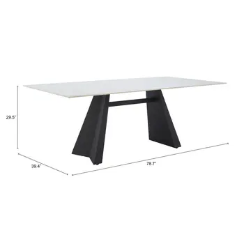 79" White and Black Faux Marble and Steel Double Pedestal Base Dining Table