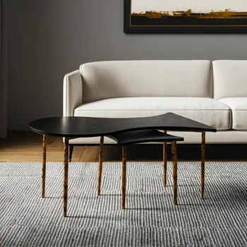 Set of Two Black and Bronze Wood and Steel Free Form Coffee And End Table
