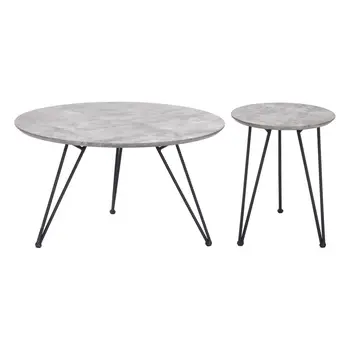 Set of Two Gray and Black Wood and Steel Round Nested Coffee Tables