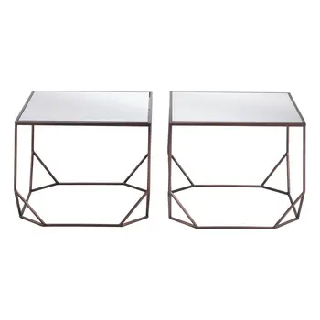 Set of Two Silver and Bronze Mirrored Glass and Steel Square Abstract Bunching Coffee Tables