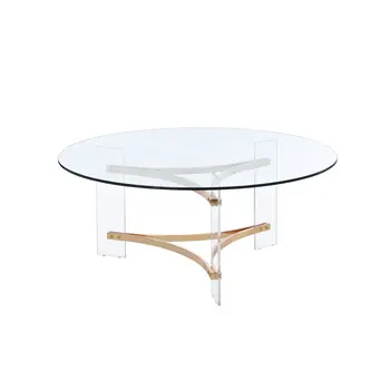 41" Clear and Gold Glass Acrylic and Brass Round Coffee Table