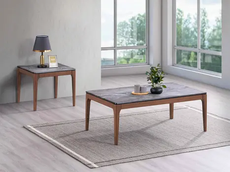 47" Gray and Walnut Stone And Solid Wood Coffee Table