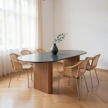 79" Black and Walnut Wood Double Pedestal Base Oval Dining Table