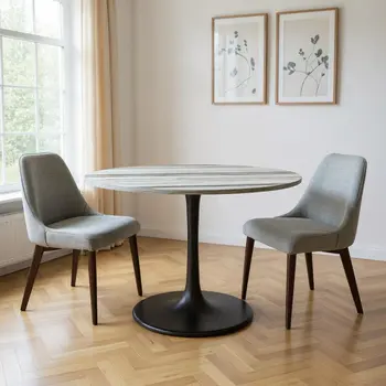 48" Gray and Black Marble and Aluminum Pedestal Base Round Top Dining Table